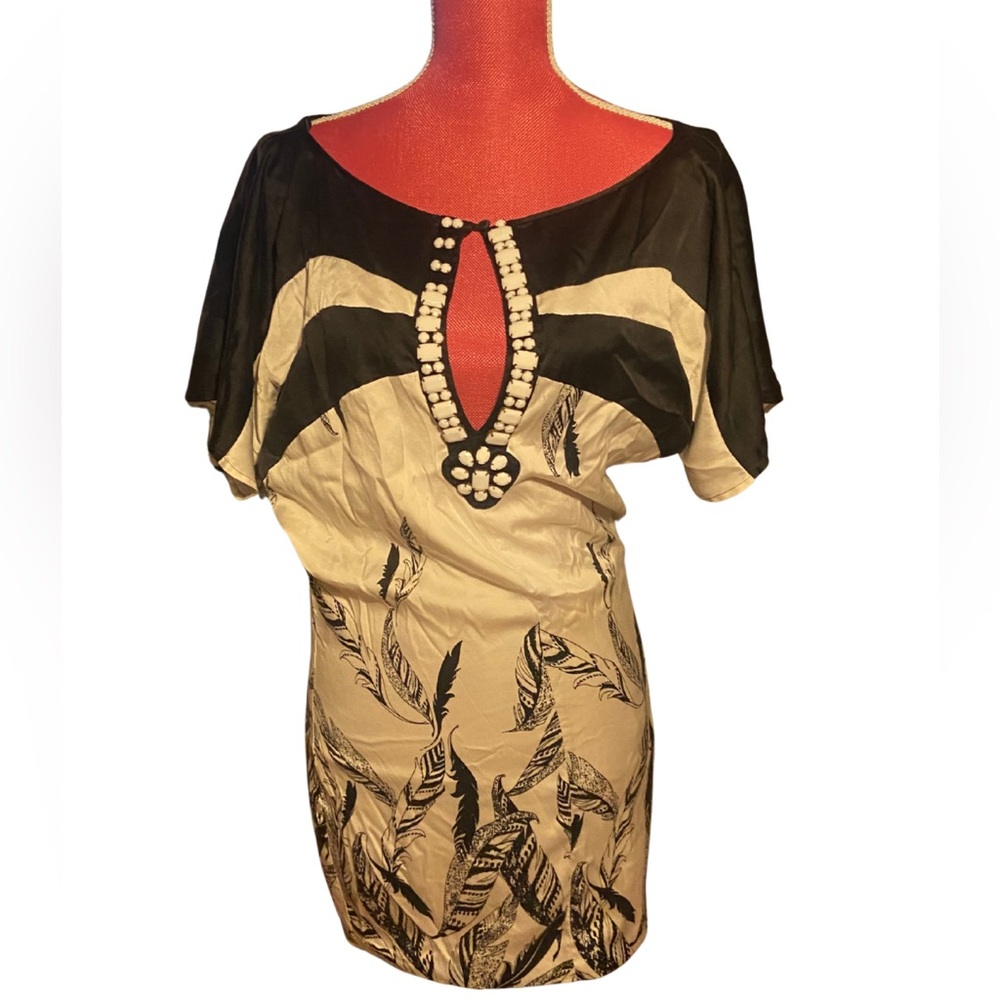 Bebe Black and Cream Dress with Beaded Detail